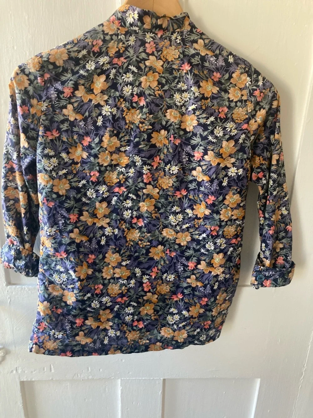 Floral Button-Up Blouse in Navy with Mustard and Pink Flowers